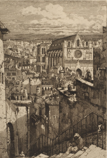 Cityscape with Lyon Cathedral, Eglise Saint-Jean à Lyon, print, printmaker: attributed to Gabrielle-Marie Niel, 1850 - 1940, Attributed to, paper, etching, drypoint, intaglio printmaking technique, height 319 mm x width 239 mm, roof (of house or building), demolition street, street with steps or stairs, Lyon, A densely detailed cityscape rendered in fine sepia lines shows a steep stone stairway descending between tall, closely packed buildings, with rooftops and chimneys filling the midground and a large gothic church with a prominent rose window and pointed gables dominating the scene; clouds streak the sky above the distant horizon; a figure sits on a ledge near the church while another figure is seated on the stairs in the foreground beside a small bowl and a bundle, and narrow alleys, railings, and worn stone surfaces create a sense of layered depth throughout the composition.