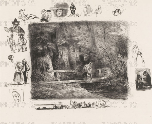 Old traveler on a bridge over a forest stream, Le Ruisseau, Paysages, Landscapes, print, printmaker: Paul Huet, publisher: Charles Etienne Pierre Motte, Paris, 1829 - 1830, paper, chine collé, lithography, height 271 mm x width 361 mm, forest, wood, brook, bridge, A large rectangular dark charcoal scene of a wooded path with dense trees and foliage occupies the center, showing a small footbridge over water and a solitary figure wearing a cloak and hat standing on the bridge; around the edges of the page are numerous small ink sketches including profiles and faces, quick studies of people in varied postures and clothing, groups of standing figures, a few seated or reclining figures, a sketch of a hat, and a narrow horizontal row of tiny figures and banners near the bottom.