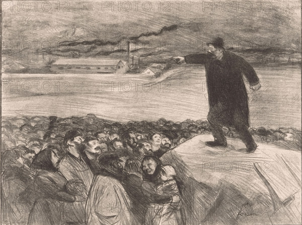 Factory workers' strike, Scène de grève, print, printmaker: Jean-Louis Forain, c. 1897, Jean-Louis Forain, printmaker, paper, lithography, height 228 mm x width 294 mm, factory-building, factory in landscape, strike (political demonstration), working class, laborers, A charcoal drawing shows a crowd of people gathered closely together in the lower portion of the image, their faces turned upward with varied expressions and layered clothing; a figure in dark outerwear stands elevated on a rock or platform to the right, leaning forward and pointing outward with an extended arm; behind them a broad expanse suggests water or open ground leading to distant low buildings and a tall smokestack emitting a dark plume that stretches across a cloudy sky; the scene is rendered in tonal shading with dense lines and textured strokes.