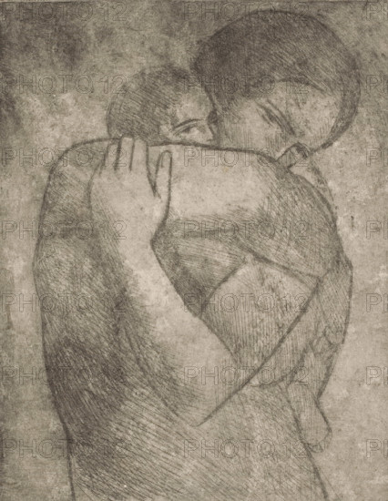 Mother with child in embrace, print, printmaker: George Minne, 1876 - 1941, paper, Japanese paper (handmade paper), etching, drypoint, intaglio printmaking technique, height 252 mm x width 199 mm, mother and baby or young child, A monochrome, textured drawing of two figures embracing, shown from the torso upward with one figure's face pressed into the other's shoulder and the other figure's face turned slightly away; both heads are rounded and shaded with fine crosshatching, and one hand rests on the shoulder of the other with elongated fingers visible; the bodies and arms are depicted with overlapping curved lines and dense hatch marks that create tonal variation against a grainy background.
