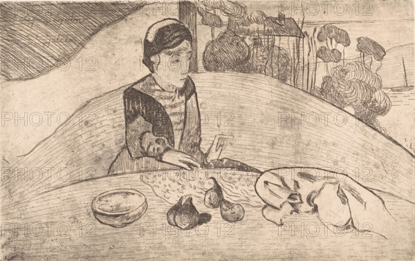 The woman with figures, Breton peasant woman at the table, print, printmaker: Armand Seguin (possibly), printmaker: Paul Gauguin (possibly), 1894 - 1895, paper, etching, intaglio printmaking technique, height 265 mm x width 418 mm, It is possible that Seguin and Gauguin collaborated on this print. According to the Metropolitan Museum of Art, Gauguin is the printmaker and Seguin printed the print. According to the British Museum (no. 1949, 0411.2681), Gauguin only provided the design to Seguin. In 1899, Seguin reworked the plate again., farmers - AA - female farmer, farmer's wife, fruits: fig, A monochrome etching shows a seated person with short hair and a cap, wearing a dark garment over a striped blouse, reaching a hand toward a table surface covered with a large cloth; on the table are several small rounded objects, a shallow bowl, a circular plate with folded cloth or bread, and scattered items with curved outlines; behind the person there is a curved backdrop or banquette and a wi...