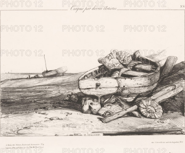 Fishing sloop on the beach, Longue barque sur la grève, Sketches by various artists, Croquis par divers Artistes, print, Series number, 6, 70, printmaker: Eugène Isabey, publisher: Henri Rittner, Paris, publisher: Jean Fréderic Ostervald, publisher: Charles Tilt, London, 1830, paper, lithography, height 225 mm x width 299 mm, beach, rowing-boat, canoe, sea and coastal fishery, A monochrome sketch of a shoreline scene showing a cluster of weathered boats and maritime gear piled on the sand at the right, including a partially overturned boat, rounded bundles, coiled ropes, wooden planks, and a jug-like container, with detailed textures and shading; in the midground a small boat rests on the beach with a thin mast upright, and a distant waterline and vague horizon are visible; the foreground shows rippled sand, scattered pebbles, and subtle wet markings.