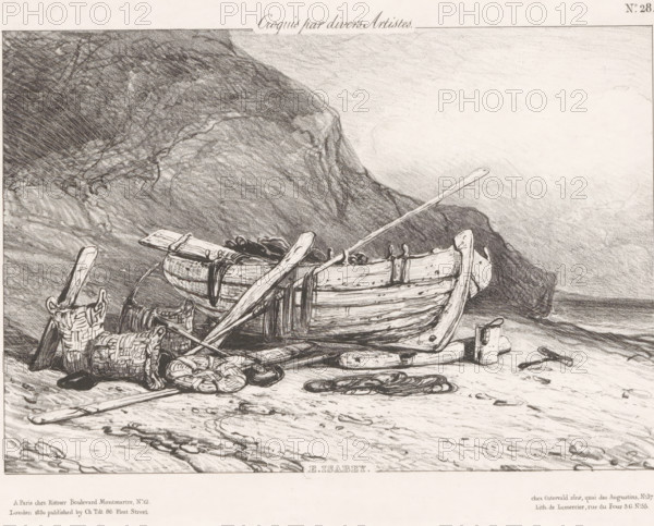 Fishing sloop on the beach at the foot of a cliff, Barque au pied de la falaise, Sketches by various artists, Croquis par divers Artistes, print, Series number, 28, 70, printmaker: Eugène Isabey, printer (person): Joseph Rose Lemercier, Paris, publisher: Henri Rittner, publisher: Jean Fréderic Ostervald, publisher: Charles Tilt, London, 1830, printer (person), paper, lithography, height 234 mm x width 289 mm, rowing-boat, canoe, sea and coastal fishery, coastal cliff or crag, A detailed monochrome drawing shows a wooden rowboat resting on a sandy shore with oars placed across and leaning against it, surrounded by woven baskets, coils of rope, planks, and assorted fishing gear; a rocky cliff rises behind the boat, shading the left side of the scene while the right opens into a lightly textured sky and distant water; the foreground sand bears footprints and scattered small objects, and a small bucket or pail sits near the boat.