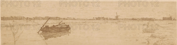 Pasture landscape with a wide canal with a rowing boat, print, printmaker: Maurits van der Valk, 1867 - 1935, paper, etching, intaglio printmaking technique, etching with plate tone, print in brown, height 112 mm x width 408 mm, meadow, pasture, rowing-boat, canoe, canal, A wide horizontal pencil drawing of a flat riverscape showing a wooden boat floating near the center left with reflected shading beneath it, an oar or pole resting across the boat, and a second smaller boat nearby; the far shoreline stretches across the scene with rows of trees, clusters of buildings, and a windmill rising above the treeline toward the right; the foreground shows low vegetation and grasses along the water’s edge with a few sprigs of plants extending into the foreground at the left and right; the sky is lightly sketched with soft cloud forms.