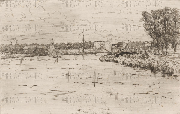 Lake with sailboats, print, printmaker: Maurits van der Valk (signed by artist), 1867 - 1935, paper, etching, drypoint, intaglio printmaking technique, height 200 mm x width 314 mm, sailing-ship, sailing-boat, lake, A horizontal ink drawing of a riverside scene showing a wide expanse of water in the foreground with scattered short strokes indicating ripples and a few thin vertical posts emerging from the surface. Along the midground are low grassy banks and reed-covered islets, a small arched footbridge spanning a narrow channel, and several sailboats with triangular sails moored or drifting near the shore. Behind the boats a low line of trees and clustered buildings with pitched roofs form the distant bank, and a tall group of densely foliaged trees rises on the right. The sky above is filled with light, loose contour lines and soft cloud shapes.