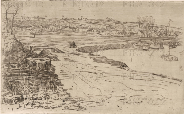 Landscape with houses and water with moored sailboats, print, printmaker: Maurits van der Valk (signed by artist), 1867 - 1935, paper, etching, intaglio printmaking technique, height 315 mm x width 194 mm, sailing-ship, sailing-boat, low hill country, A horizontal sketch of a riverside scene rendered in fine dark lines on a pale background showing a shoreline with rocky ledges and bare trees on the left, a wide expanse of water or sand leading toward distant low hills and a cluster of small buildings across the middle ground, a pair of small figures near the center standing on a narrow spit of land, boats moored along a right-side quay and a lone small boat with a mast floating near the right edge, scattered vegetation and reeds, and layered linear marks indicating texture on the land, water, and distant fields.