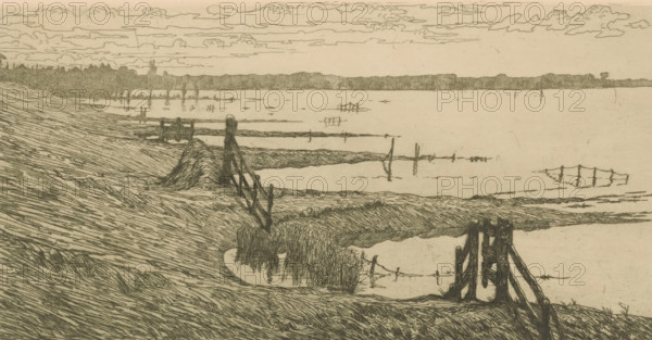 Flooded meadows near a dike, print, printmaker: Maurits van der Valk (signed by artist), 1867 - 1935, paper, etching, intaglio printmaking technique, etching with plate tone in green, height 115 mm x width 218 mm, water meadows under water, A sepia-toned landscape etching showing a shoreline with gently sloping grassy banks and reeds, wooden posts and worn fencing extending into the water, shallow tidal channels and pools reflecting the sky, a row of distant trees along the far shore, a small boat outline near the right side of the water, scattered posts and low structures emerging from the water, and a layered sky with elongated clouds.