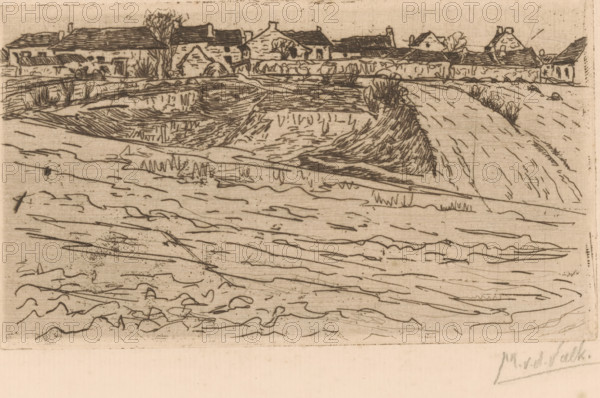Landscape with village edge (Méry-sur-Oise), print, printmaker: Maurits van der Valk (signed by artist), 1867 - 1935, paper, etching, drypoint, intaglio printmaking technique, height 108 mm x width 188 mm, meadow, pasture, village, Méry-sur-Oise, A monochrome etching showing a row of low buildings with pitched roofs along the top edge, some trees and shrubs behind and between them, and a textured foreground of undulating land with ridges, patches of grass, and short, dense vegetation, all rendered with fine, sketch-like lines on a light paper background.