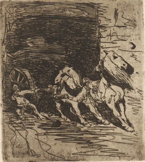 Carrier (original title), Horses with cart, print, printmaker: Maurits van der Valk (signed by artist), 1867 - 1935, paper, etching, drypoint, intaglio printmaking technique, height 150 mm x width 135 mm, (farm) wagon, freight wagon, cart, leading a horse by the reins, rider beside his horse, A monochrome etching showing a large dark textured rectangular mass on the left with dense horizontal and curved hatch marks, beside a lighter background filled with scattered short strokes and speckles; in front of the dark area a group of loosely sketched horses and riders appears, drawn with energetic contour lines and varied shading, some horses shown in profile with visible heads, manes, and legs, and riders depicted with simplified forms and gestures; a wheel or circular object is partially visible near the lower left, and the foreground and margins contain flowing curved lines and repeated horizontal scribbles that suggest motion across the composition.