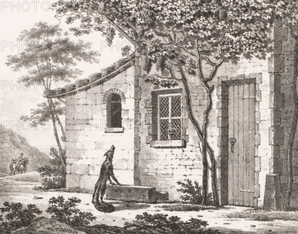 Le Renard et les Raisins, Fox reaching for bunches of grapes, Fables by Jean de La Fontaine, Fables choisies de La Fontaine, print, printmaker: Hippolyte Lecomte, printer (person): Gottfried Engelmann, Paris, 1818 - 1820, printer (person), paper, lithography, height 263 mm x width 306 mm, bunch of grapes, beasts of prey, predatory animals: fox, fables of Lafontaine (with TITLE) : Use 85, A stone building with a textured brick facade fills the scene, showing a window with a lattice and a small potted plant on its sill, an arched narrow opening, and a tall wooden door with visible hinges and a keyhole. A vine climbs the wall beside the window and door, its trunk twisting upward and foliage spreading across the upper area with clusters of hanging fruit. In front of the building a long-tailed animal stands with its front paws on a low stone trough, looking upward. Trees and shrubbery frame the left side of the scene, and a distant figure on horseback is visible along a dirt path against a ...