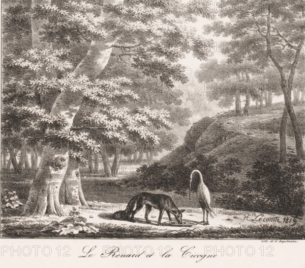 Fox and stork, Le Renard et la Cicogne, Fables choisies de La Fontaine, Fabels van Jean de La Fontaine, print, printmaker: Hippolyte Lecomte, printer (person): Gottfried Engelmann, Paris, 1819, printer (person), paper, lithography, height 265 mm x width 314 mm, beasts of prey, predatory animals: fox, shore-birds and wading-birds: stork, fables of Lafontaine (with TITLE) : Use 85, A detailed monochrome drawing of a wooded scene showing tall trees with textured bark and leafy branches, a gently sloping forest floor, and a clearing in the foreground where a bird with long legs and a long beak stands near a canine animal that is lowering its head to the ground; dappled light and shadow define foliage and trunks, and distant trees fade into the background.