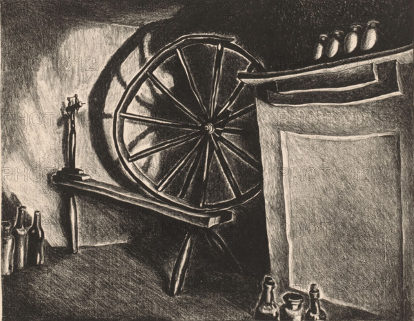 Spinning wheel, print, printmaker: Wanda Gág (signed by artist), 1903 - 1946, paper, lithography, height 292 mm x width 403 mm, spinning-wheel, A dark charcoal drawing shows a large wooden wheel with spokes mounted on a stand against a shadowed wall, with thick beams and angled supports nearby; several glass bottles of varying shapes rest on a surface in the foreground and another cluster sits on a shelf at the far left; three rounded objects sit on a high shelf at the top right; heavy shading creates contrasting light and dark areas across the floor, wall, and wooden structures.