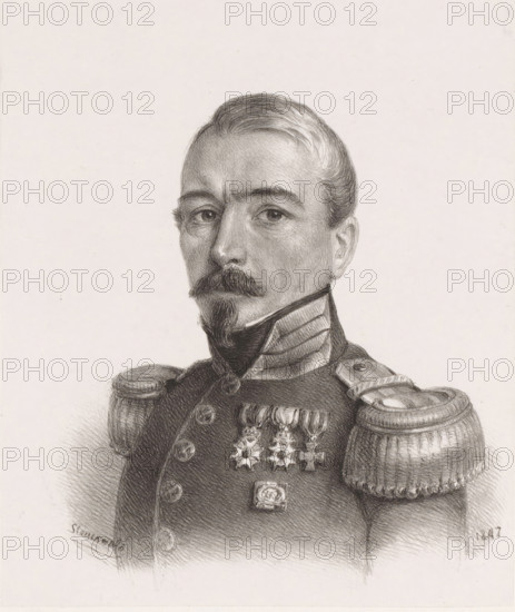 Self-portrait, print, inscription: '4a, 10-9-'75', printmaker: Christian Heinrich Gottlieb Steuerwald, Dordrecht, 1847, Christian Heinrich Gottlieb Steuerwald, printmaker, paper, chine collé, lithography, lithography on chine collé, height 420 mm x width 297 mm, Person, historical persons, A monochrome pencil portrait of a man shown from the chest up wearing a military uniform with high collar and ornate shoulder epaulettes, his hair combed back and facial hair consisting of a mustache and small pointed beard, his eyes looking forward with a neutral expression, detailed shading on his facial features and hair, decorative medals and insignia displayed on his chest, buttons down the front of his coat, and fine textured shading on the fabric and epaulettes against a plain light background.