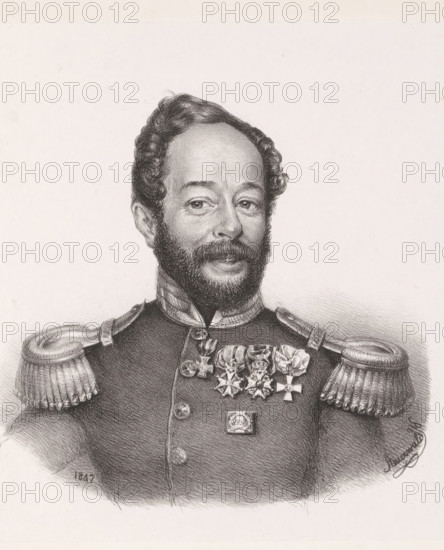 Portrait of Jacob Cornelis van Rijneveld, print, inscription: '4a, 10-9-'75', printmaker: Christian Heinrich Gottlieb Steuerwald, Dordrecht, 1847, Christian Heinrich Gottlieb Steuerwald, printmaker, paper, chine collé, lithography, lithography on chine collé, height 340 mm x width 259 mm, Person, Jacob Cornelis Rijneveld, historical persons, A detailed black and white drawing of a man shown from the chest up wearing a military uniform with ornate shoulder epaulettes and rows of medals on his chest, his face framed by short curly hair and a trimmed beard and mustache, his expression calm with eyes looking slightly to one side, the uniform buttons and collar rendered with shading and texture against a light background.