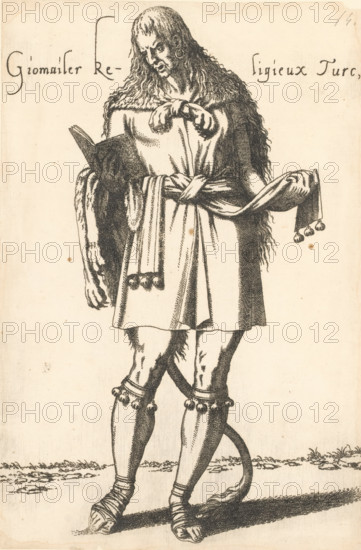 Turkish cleric of the order of the Giomailers, Giomailer Religieux Turc, print, album page, book illustration, Print is part of an album., printmaker: Léon Davent, after drawing by Luca Penni (attributed to), after drawing by Nicolas de Nicolay (possibly), publisher: Guillaume Rouille (I), Lyon, 1555 - 1568, Attributed to, paper, etching, pasted on album page, height 259 mm x width 172 mm, A monochrome ink drawing of a standing figure with long wavy hair and a somber facial expression, wearing a knee-length tunic with a draped sash and tasselled ends, a cloak over the shoulders, and an earring in one ear; one hand holds an open book while the other hand is raised with fingers poised above the pages. The figure has muscular legs with decorative bands and dangling ornaments around the knees and ankles, crossed lower legs, and strap sandals on the feet. The ground beneath shows simple grass and shadowing, and the image has a plain light background with small scattered spots.