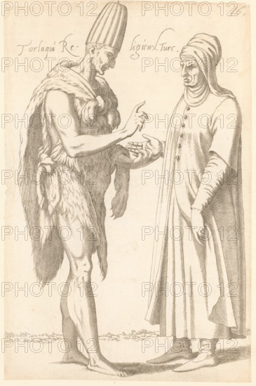 Turkish cleric of the Order of the Torlaquis or Torlacchis, Torlaqui Religieux Turc, print, album page, book illustration, A Turkish cleric of the Order of the Torlaquis or Torlacchis, dressed in a lion and sheep or goat skin and with a top hat, reads the hand of a figure before him. Print is part of an album., printmaker: Léon Davent, after drawing by Luca Penni (attributed to), after drawing by Nicolas de Nicolay (possibly), publisher: Guillaume Rouille (I), Lyon, 1555 - 1568, Attributed to, paper, etching, pasted on album page, height 268 mm x width 175 mm, A monochrome line drawing of two standing male figures facing each other, one wearing a tall, ribbed hat and a fur garment draped over his shoulders and body, the other wearing a long, buttoned robe with layered fabric at the neck and a wrapped head covering; the figure in fur is barelegged and barefoot and is gesturing with one hand while the other hand rests near the other figure’s palm, the robed figure stands with one hand ex...