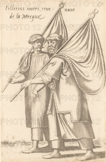 Pellerins mores revenans de la Mecque, North African, Islamic pilgrims with banners, returning from Mecca, print, album page, book illustration, Print is part of an album., printmaker: Léon Davent, after drawing by Luca Penni (attributed to), after drawing by Nicolas de Nicolay (possibly), publisher: Guillaume Rouille (I), Lyon, 1555 - 1568, Léon Davet, Attributed to, paper, etching, pasted on album page, height 265 mm x width 175 mm, Two men stand side by side, each holding a long pole with a large draped banner attached; the man in front has a beard and wears a robe with a decorative trim and a head covering, while the man behind him has a mustache and a textured cap and a vertically pleated garment; both wear pointed shoes and their hands grasp the poles, with one hand of the front figure extended slightly forward; the banners show flowing folds and edging, and the scene is rendered in fine pen-and-ink lines on a pale background with sparse ground details at the bottom.