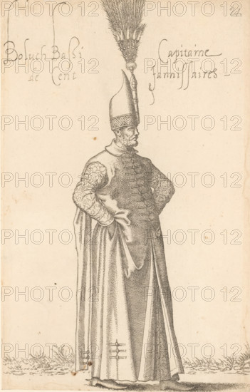 Boluch Bassi, capitaine de cent jannisaires, Captain of the janissaries, print, album page, book illustration, Print is part of an album., printmaker: Léon Davent, after drawing by Luca Penni (attributed to), after drawing by Nicolas de Nicolay (possibly), publisher: Guillaume Rouille (I), Lyon, 1555 - 1568, Attributed to, paper, etching, pasted on album page, height 267 mm x width 169 mm, A tall figure in a long, flowing robe stands in profile with hands resting on hips, wearing a high pointed hat topped with a tall plume of feathers; the robe has patterned sleeves and vertical buttoned detailing down the front, and the lower hem shows decorative fastenings and draped folds; the figure has a beard and a distinct facial profile; the background is plain with a narrow strip of grass at the bottom.