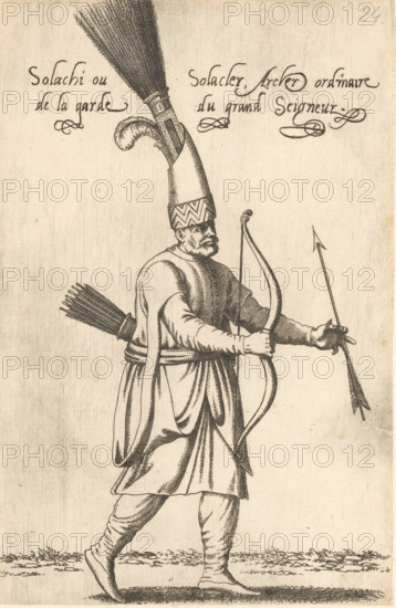 Solachi ou Solacler, archer ordinaire de la garde du grand Seigneur, Sagittarius, print, album page, book illustration, Print is part of an album., printmaker: Léon Davet, after drawing by Luca Penni (attributed to), after drawing by Nicolas de Nicolay (possibly), publisher: Guillaume Rouille (I), Lyon, 1555 - 1568, Léon Davent, Attributed to, paper, etching, mounted on album page, height 264 mm x width 171 mm, A tall figure in a long robe and wrapped garments is shown in profile holding a recurve bow and an arrow, with a quiver of arrows slung at the back and another bundle of arrows visible near the head; the figure wears a tall, ornate headdress topped with long feathers and a decorative band, and has a beard and mustache; the scene is rendered in black ink lines on a light, textured background with ground lines beneath the feet.