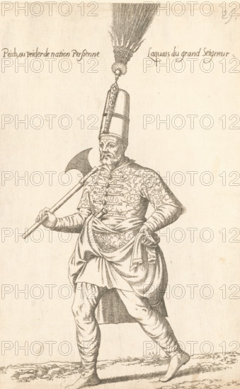 Peich ou Peicler, laquais du grand seigneur, 'Peich' or 'peicler' (lakkei) with axe, print, album page, book illustration, Print is part of an album., printmaker: Léon Davent, after drawing by Luca Penni (attributed to), after drawing by Nicolas de Nicolay (possibly), publisher: Guillaume Rouille (I), Lyon, 1555 - 1568, Léon Davet, Attributed to, paper, etching, mounted on album page, height 261 mm x width 174 mm, A monochrome engraved figure stands full length facing slightly left, wearing a tall cylindrical hat topped with a plume attached by a decorative clasp, a patterned long-sleeved tunic with floral and scrolling decorations, a wide sash around the waist with draped fabric, loose fitted trousers tucked at the calves, and bare feet; the figure holds a long pole weapon with a curved axe head resting on the shoulder, has a mustache and beard, and the ground beneath shows textured lines suggesting uneven terrain.