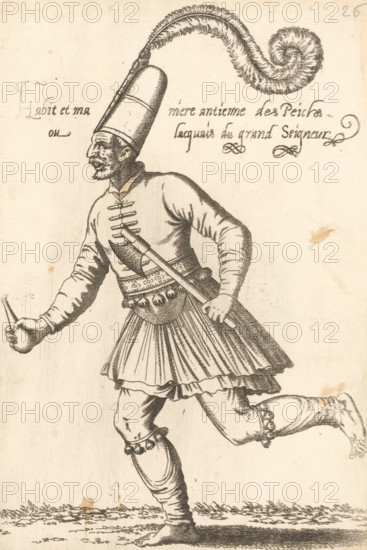 Habit et manière antienne des Peichs ou laquais du grand seigneur, Running 'peich' or 'peicler' (lakkei) with ax and flask, print, album page, book illustration, Print is part of an album., print maker: Léon Davent, after drawing by Luca Penni (attributed to), after drawing by Nicolas de Nicolay (possibly), publisher: Guillaume Rouille (I), Lyon, 1555 - 1568, printmaker, Attributed to, paper, etching, mounted on album page, height 257 mm x width 172 mm, A sepia-toned engraving shows a man in profile running to the right, wearing a tall conical hat topped by a long curling plume, a buttoned jacket with a sash across his chest, a belted skirt with ornamental tassels, and fitted leggings with decorative bands at the knees and calves; he holds a small rounded object in his extended left hand and a curved scabbard at his hip with his right hand on its hilt, his face bearing a moustache and beard, and the ground beneath him is indicated by short strokes.