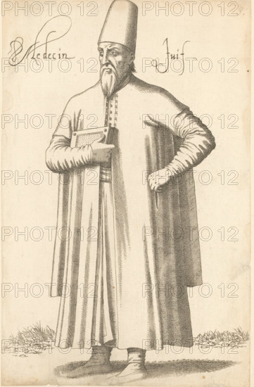 Jewish doctor, Medecin Juif, print, album page, book illustration, Print is part of an album., printmaker: Léon Davent, after drawing by Luca Penni (attributed to), after drawing by Nicolas de Nicolay (possibly), publisher: Guillaume Rouille (I), Lyon, 1555 - 1568, Léon Davet, Attributed to, paper, etching, mounted on album page, height 270 mm x width 172 mm, A tall figure wearing a long, flowing robe and a tall, rounded hat stands facing slightly to the left, with a beard and mustache and a solemn expression; one arm is bent across the chest holding a rectangular book or tablet, while the other hand rests on the hip beneath the robe, and the clothing shows detailed folds and shading, with visible boots peeking from beneath the hem and small patches of grass at the figure's feet.