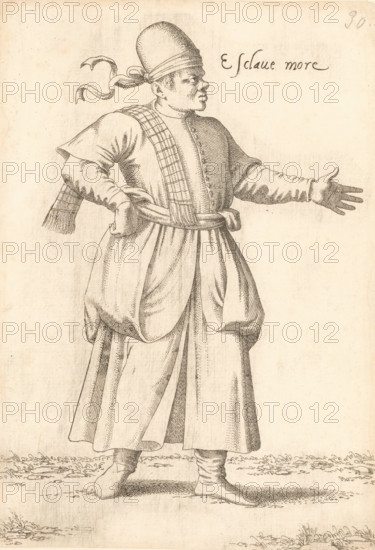 Enslaved North African man, Esclave more, print, album cover, book illustration, Print is part of an album., printmaker: Léon Davent, after drawing by Luca Penni (attributed to), after drawing by Nicolas de Nicolay (possibly), publisher: Guillaume Rouille (I), Lyon, 1555 - 1568, Attributed to, paper, etching, mounted on album page, height 259 mm x width 178 mm, A monochrome line drawing of a standing person wearing a tall rounded cap with a tied ribbon at the back, a long robe with a belted waist, and layered drapery that creates folds and pleats; one arm is bent with a hand resting on the hip while the other arm is extended outward with the palm open and fingers splayed; the figure wears a patterned sash draped across one shoulder and a buttoned front garment beneath the outer robe; the lower garment falls to the ankles, revealing wrapped footwear and a simple ground with tufts of grass.