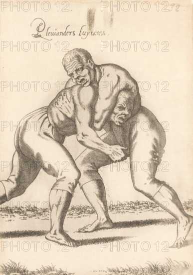 Pleuianders luytants, Two wrestling African 'pleuianders' (fighters or wrestlers), print, album page, book illustration, Print is part of an album., printmaker: Léon Davent, after drawing by Luca Penni (attributed to), after drawing by Nicolas de Nicolay (possibly), publisher: Guillaume Rouille (I), Lyon, 1555 - 1568, Attributed to, paper, etching, pasted on album page, height 252 mm x width 176 mm, A monochrome drawing of two nude men grappling, their bodies entwined in a wrestling hold; both have closely cropped hair and strained facial expressions, one man's head pressed near the other's shoulder while his arm wraps around the other's back, the other man leaning forward with his arm gripping the first man's thigh and his hand on the other’s back; detailed line shading emphasizes muscles, knees, feet, and toes, and both men's legs are bent with visible calf and thigh contours; the ground beneath them shows short grass and textured shading indicating a surface, and the overall image h...