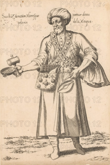 Sacchaz de nation Moresque porteur d'eau pelerin de la Mecque, Water-bearing 'Sacchaz' (pilgrim from Mecca), print, album page, book illustration, Print is part of an album., printmaker: Léon Davent, after drawing by Luca Penni (attributed to), after drawing by Nicolas de Nicolay (possibly), publisher: Guillaume Rouille (I), Lyon, 1555 - 1568, Léon Davet, Luca Penni, Nicolas de Nicolay, Guillaume Rouille (I), printmaker, publisher, Attributed to, paper, etching, mounted on album page, height 270 mm x width 180 mm, A standing bearded man wearing a turban and long flowing robe is depicted in a detailed ink drawing, with one arm extended holding a small tray and a cylindrical vessel and the other hand touching a chain attached to a decorative pouch and a leaf-shaped object at his waist; his vest and cross-body straps are studded with round ornaments, his sleeves are loose and folded, and his footwear is wrapped and pointed, all shown against a plain background with sparse ground texture.