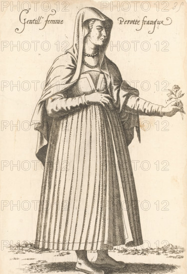 Gentill' Femme Perotte franque, Woman (from Frans Perotte?) with flower in her hand, print, album page, book illustration, Print is part of an album., printmaker: Léon Davet, after drawing by Luca Penni (attributed to), after drawing by Nicolas de Nicolay (possibly), publisher: Guillaume Rouille (I), Lyon, 1555 - 1568, Léon Davet, Luca Penni, Nicolas de Nicolay, Guillaume Rouille (I), printmaker, publisher, Attributed to, paper, etching, mounted on album page, height 250 mm x width 170 mm, A monochrome engraved image of a standing woman wearing a long pleated skirt and a layered dress with a fitted bodice and long sleeves, a hooded cloak draped over her shoulders, and a simple necklace; she holds a small flowering sprig in one outstretched hand while the other hand rests near her waist, and her head is turned slightly to the side showing a composed facial expression; the lower edge of her skirt reveals plain shoes and a small patch of ground beneath her feet.