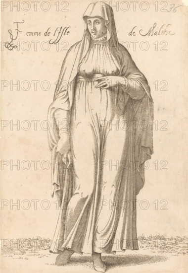 Woman from Malta, Femme de l'isle de Malthe, print, album page, book illustration, Print is part of an album., printmaker: Léon Davent, after drawing by Luca Penni (attributed to), after drawing by Nicolas de Nicolay (possibly), publisher: Guillaume Rouille (I), Lyon, 1555 - 1568, Léon Davent, Luca Penni, Nicolas de Nicolay, Guillaume Rouille (I), printmaker, publisher, Attributed to, paper, etching, pasted on album page, height 254 mm x width 177 mm, A tall figure of a woman drawn in fine lines stands facing forward wearing a long flowing robe and a hooded veil that covers her head and drapes over her shoulders, with visible folds and shading in the fabric; her face is visible beneath the hood with neutral features and a short ruffled collar at her neck; one hand rests on her abdomen while the other hand hangs down holding a small piece of cloth; the gown falls to her ankles showing simple shoes and the ground beneath with short grass and small stones; the background is plain and ligh...