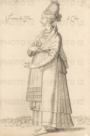 Femme de l'isle de Chio, Woman from the island of Chios, print, album cover, book illustration, Print is part of an album., printmaker: Léon Davent, after drawing by Luca Penni (attributed to), after drawing by Nicolas de Nicolay (possibly), publisher: Guillaume Rouille (I), Lyon, 1555 - 1568, Léon Davent, Luca Penni, Nicolas de Nicolay, Guillaume Rouille (I), printmaker, publisher, Attributed to, paper, etching, pasted on album page, height 257 mm x width 172 mm, A tall ink drawing of a standing woman shown in profile facing left, wearing a tall rounded headdress with decorative bands and a bow at the back, a drop earring, a beaded necklace and layered garments including a shawl draped over her shoulders and wrapped across her chest, a long pleated skirt with patterned apron-like front panel and an underskirt with visible hems, bare feet with simple shoes, hands positioned with one resting near her chest and the other extended slightly forward, fine line shading and crosshatching thro...