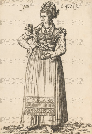 Girl from the island of Chios, Fille de l'isle de Chio, print, album page, book illustration, Print is part of an album., printmaker: Léon Davent, after drawing by Luca Penni (attributed to), after drawing by Nicolas de Nicolay (possibly), publisher: Guillaume Rouille (I), Lyon, 1555 - 1568, Léon Davent, Luca Penni, Nicolas de Nicolay, Guillaume Rouille (I), printmaker, publisher, Attributed to, paper, etching, pasted on album page, height 247 mm x width 175 mm, A full-length ink illustration of a standing woman wearing a long pleated skirt with patterned borders and a decorated apron, a fitted bodice with ornamental stitching and layered necklaces, and puffed sleeves tied with bows; her hair is covered by a wrapped headdress with ruffled edges, and she wears earrings and a pendant; one arm is bent with a hand resting at her waist while the other hand is extended slightly forward holding a small sprig; the scene shows her bare feet on a textured ground and the background is blank.