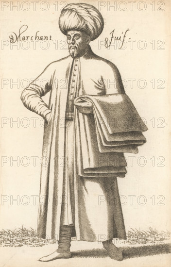 Jewish merchant, Marchant Juif, print, album page, book illustration, Print is part of an album., printmaker: Léon Davent, after drawing by Luca Penni (attributed to), after drawing by Nicolas de Nicolay (possibly), publisher: Guillaume Rouille (I), Lyon, 1555 - 1568, Léon Davet, Attributed to, paper, etching, mounted on album page, height 266 mm x width 172 mm, A monochrome line drawing of a standing man wearing a large wrapped turban and a long robe with a high buttoned front, one hand tucked into his side and the other holding folded layers of fabric draped over his arm; he has a mustache and a pointed beard, detailed facial features, and textured shading on his clothing and turban, with visible boots peeking from beneath the robe and a simple ground with grass at his feet.