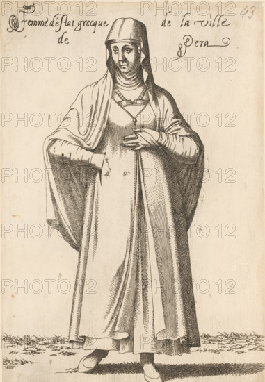 Femme d'estat grecque de la ville de Pera, Greek woman, from Pera, print, album page, book illustration, Print is part of an album., printmaker: Léon Davent, after drawing by Luca Penni (attributed to), after drawing by Nicolas de Nicolay (possibly), publisher: Guillaume Rouille (I), Lyon, 1555 - 1568, Léon Davent, Luca Penni, Nicolas de Nicolay, Guillaume Rouille (I), printmaker, publisher, Attributed to, paper, etching, pasted on album page, height 254 mm x width 172 mm, A monochrome line engraving of a full-length figure wearing layered flowing garments and a head covering, standing on a textured ground; the figure's hands rest near the waist, one hand tucked into a fold of the robe and the other placed over the abdomen, and the face shows a neutral expression with downcast eyes; the clothing includes long sleeves, draped outer robes with visible folds and shading lines, a fitted underdress with a decorative neckline and a pendant, and simple pointed shoes visible beneath the hem.