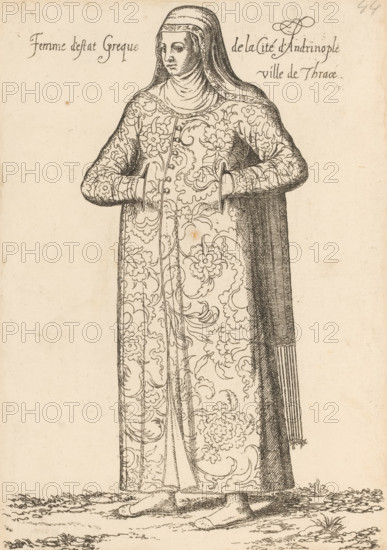 Femme d'estat Grecque de la Cité d'Andrinople ville Thrace, Greek woman, from Andrinople or Edirne in Thrace, print, album page, book illustration, Print is part of an album., printmaker: Léon Davent, after drawing by Luca Penni (attributed to), after drawing by Nicolas de Nicolay (possibly), publisher: Guillaume Rouille (I), Lyon, 1555 - 1568, Attributed to, paper, etching, pasted on album page, height 246 mm x width 172 mm, A woman shown standing and facing forward wearing a long ornate robe covered in floral and swirling patterns and a head covering that drapes over her shoulders, her hands tucked into openings at her waist, a long fringed cloak falling at her side, simple flat shoes visible beneath the hem, and a strip of ground with sparse vegetation under her feet.