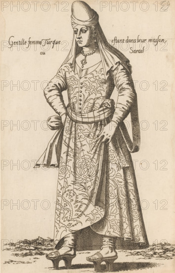 Gentille femme Turque estant dans leur maison ou sarail, Turkish woman, print, album page, book illustration, Print is part of an album., printmaker: Léon Davent, after drawing by Luca Penni (attributed to), after drawing by Nicolas de Nicolay (possibly), publisher: Guillaume Rouille (I), Lyon, 1555 - 1568, Attributed to, paper, etching, pasted on album page, height 272 mm x width 173 mm, A monochrome engraved depiction of a standing woman wearing a long patterned robe with floral motifs and a fitted jacket, a shawl draped over her head and shoulders, and a rounded headdress; she has a beaded necklace with a pendant and earrings, and her hands rest on her hips with one hand sliding into a sash at her waist; the robe falls to the ground revealing heeled wooden sandals with straps and raised platforms, and the ground beneath her shows textured shading suggesting grass or earth.