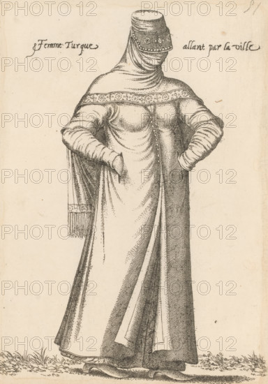 Femme Turque allant par la ville, Turkish woman on her way to the city, print, album page, book illustration, Print is part of an album., printmaker: Léon Davent, after drawing by Luca Penni (attributed to), after drawing by Nicolas de Nicolay (possibly), publisher: Guillaume Rouille (I), Lyon, 1555 - 1568, Attributed to, paper, etching, pasted on album page, height 250 mm x width 174 mm, A monochrome drawing of a standing person wearing a long flowing garment with layered drapery and detailed folds, a fitted bodice with buttons down the front, long sleeves with horizontal folds, and hands tucked into the sides of the garment; the head is covered by a wrapped veil and a cylindrical hat decorated with a patterned band, and a fringed shawl hangs from one shoulder; the figure stands on grass with the hem of the dress and visible shoes at the bottom.