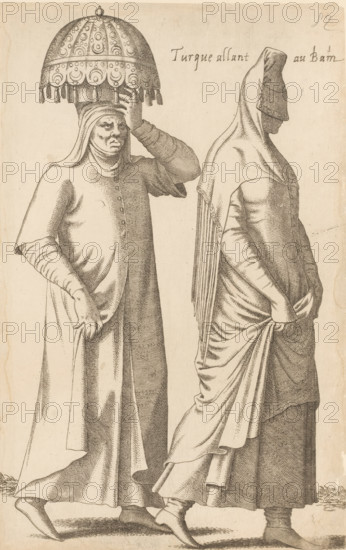 Turque allant au Bahn, Two Turkish women on their way to a seaside resort, print, album cover, book illustration, Print is part of an album., printmaker: Léon Davent, after drawing by Luca Penni (attributed to), after drawing by Nicolas de Nicolay (possibly), publisher: Guillaume Rouille (I), Lyon, 1555 - 1568, Attributed to, paper, etching, pasted on album page, height 273 mm x width 173 mm, Two standing figures dressed in long, draped garments are shown from the knees up; the figure on the left faces forward with a hand raised to support an ornate, rounded headpiece decorated with circular motifs and dangling tassels, while the other figure is shown in profile with head and shoulders covered by a hooded wrap that falls in folds and ends in long fringe. Both wear layered robes with buttoned fronts and visible sleeve detailing, and their feet are clad in pointed shoes. The image is executed in a fine, linear engraving style with shading created by closely spaced lines on a light backgr...