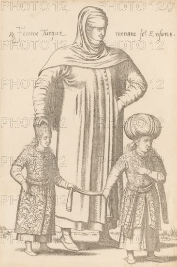 Femme Turque menant ses Enfans, Turkish woman with her two children, print, album page, book illustration, Print is part of an album., printmaker: Léon Davent, after drawing by Luca Penni (attributed to), after drawing by Nicolas de Nicolay (possibly), publisher: Guillaume Rouille (I), Lyon, 1555 - 1568, Attributed to, paper, etching, pasted on album page, height 261 mm x width 174 mm, A tall figure wearing a long flowing robe and a head covering that drapes around the shoulders stands with hands at waist height, flanked by two smaller figures holding a cloth between them; the left smaller figure wears a patterned long garment and a decorative headpiece with cascading hair and holds the cloth with one hand while the other rests near the hip, the right smaller figure wears a richly patterned outfit with a rounded turban-style hat and a sash at the waist and holds the cloth with one hand while the other touches the chest; the drawing is rendered in fine line work on a plain background.