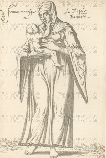 Woman with child, from Tripoli, Femme moresque de Tripoly en Barbarie, print, album page, book illustration, Print is part of an album., printmaker: Léon Davent, after drawing by Luca Penni (attributed to), after drawing by Nicolas de Nicolay (possibly), publisher: Guillaume Rouille (I), Lyon, 1555 - 1568, Attributed to, paper, etching, pasted on album page, height 254 mm x width 170 mm, A monochrome line drawing of a standing woman wearing a long flowing robe and a headscarf, holding a small child against her chest; the woman’s hands cradle the child and one hand rests near her collar while the child’s arm reaches up toward the woman’s face; the woman’s facial features and the child’s curled hair are rendered with fine hatching and crosshatching, and the folds and drapery of the robe show detailed linear shading; the woman wears bracelets on her wrists and stands barefoot on a strip of ground with grass-like marks at the edges.