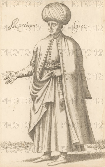 Greek merchant, Marchant Grec, print, album page, book illustration, Print is part of an album., printmaker: Léon Davent, after drawing by Luca Penni (attributed to), after drawing by Nicolas de Nicolay (possibly), publisher: Guillaume Rouille (I), Lyon, 1555 - 1568, Léon Davet, Attributed to, paper, etching, mounted on album page, height 264 mm x width 173 mm, A full-length ink drawing of a standing figure wearing a large rounded turban and a long buttoned robe with a draped outer cloak, one hand extended outward and the other holding folds of the cloak, detailed line shading on the garments and turban, simple shoes visible at the hem, and a plain background with a narrow strip of grass at the bottom.