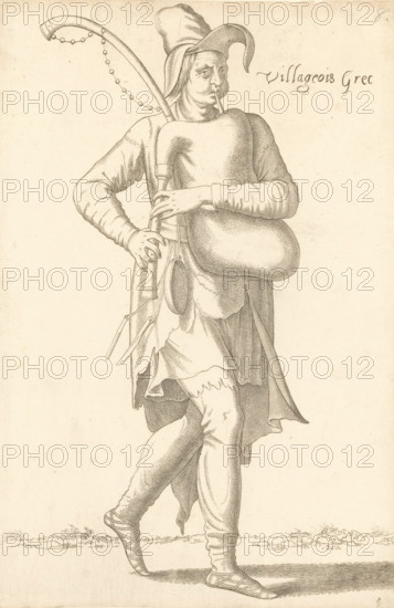 Villageois Grec, Greek villager with bagpipes, print, album cover, book illustration, Print is part of an album., printmaker: Léon Davent, after drawing by Luca Penni (attributed to), after drawing by Nicolas de Nicolay (possibly), publisher: Guillaume Rouille (I), Lyon, 1555 - 1568, Léon Davet, Attributed to, paper, etching, pasted on album page, height 259 mm x width 172 mm, A sepia-toned line drawing of a standing figure wearing a floppy pointed hat and a tunic with layered, tattered edges, shown from head to feet. The figure holds a bagpipe with a large inflated bag pressed against the chest and a chanter held near the mouth, a curved drone with a string of beads extending above the shoulder, and hands placed on the instrument. The person wears wrapped, crisscrossed footwear and leggings with visible folds and shading, and a belt with hanging objects at the waist. The background is plain with a faint ground line and small tufts of grass beneath the feet.