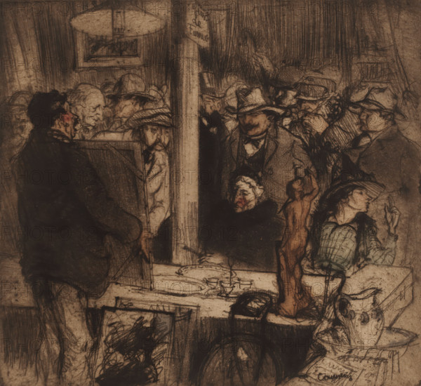 Art auction, print, printmaker: Armand Coussens, France, 1891 - 1935, paper, etching, drypoint, intaglio printmaking technique, hand coloring, drypoint and plate tone hand-colored, height 232 mm x width 249 mm, art sale, auction, A crowded indoor scene rendered in dark, sketchy lines and muted brown tones showing many seated and standing figures closely packed together, most wearing hats and coats, with a central vertical post dividing the composition and a few framed objects or panels leaning or hung nearby; faces and hands are drawn with expressive, rough strokes, some profiles visible, some figures leaning forward, one person in the foreground turned away wearing dark clothing, and a table surface with a candlestick and small items in the lower area.