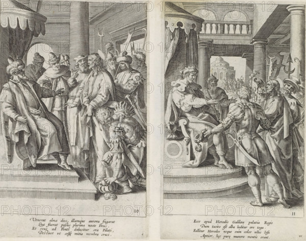 Christ before Herod, Passion of Christ, Theatrum Biblicum Hoc Est Historiae Sacrae Veteris et Novi Testamenti Tabulis Aeneis Expressae, print, album page, King Herod questions Christ, but he does not answer him. Thereupon Herod and his soldiers mock Christ. They dress him in a splendid robe. Below the image a four-line verse in Latin. Bottom right the letters: ee. This print is part of an album., printmaker: Antonie Wierix (II), after drawing by Maerten de Vos, publisher: Claes Jansz. Visscher (II), Amsterdam, 1585, 1643, paper, engraving, gravure, height 205 mm x width 125 mm, Christ before King Herod, sometimes a gorgeous robe is brought (Luke 23:8-11), A wide engraved scene divided by a vertical margin shows an interior with a raised platform and steps, columns and draped canopies. On the left side a seated figure in flowing robes and a turbaned hat gestures with one hand toward a standing bearded man in simple robes whose hands are restrained, surrounded by several soldiers and att...