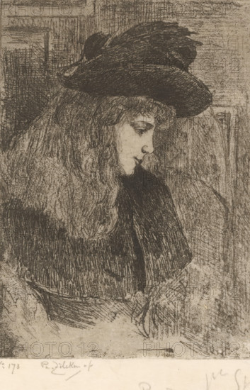 Girl with hat, Fillette aux cheveux blonds (original title), print, printmaker: Philip Zilcken (signed by artist), 1867 - 1890, paper, soft-ground etching, etching, intaglio printmaking technique, zinkets and varnish mou, with plate tone, height 158 mm x width 113 mm, head gear: hat, girl (child between toddler and youth), A monochrome etching of a seated person in profile facing right, wearing a wide-brimmed hat with a rounded crown and long, wavy hair cascading over the shoulders; the face is rendered with delicate lines showing a closed mouth and a downward gaze, and the figure wears a dark garment with textured shading; the background consists of crosshatched and linear marks suggesting an interior surface behind the figure.