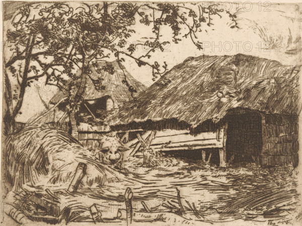 Pigsty (original title), Reed-covered barns, in front of them a pig in the hay, print, printmaker: Willem Bastiaan Tholen, 1870 - 1931, paper, etching, intaglio printmaking technique, height 179 mm x width 239 mm, pig, barn, An etched landscape showing a rural scene with thatched roofs, wooden fences, and dense grasses in the foreground, a tree with twisting branches and leaves framing the left and upper portions, clustered tufts and lines suggesting straw or hay piles, a dark rectangular doorway or opening set into a building on the right, textured hills or large thatched structures in the middle ground, a small bench or platform near the center, scattered sticks and stubble on the ground, and swirling marks in the sky above.
