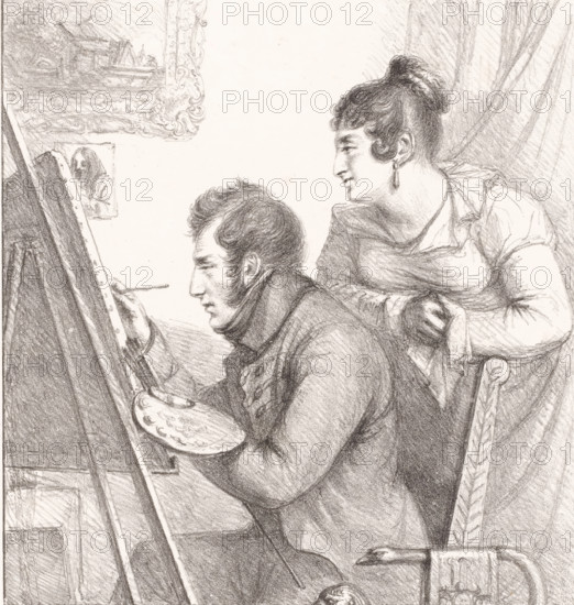 Self-portrait of the artist in action with a watching woman, print, printmaker: Dominique Vivant Denon (baron), Paris, 1823, paper, chalk lithograph, height 420 mm x width 289 mm, Person, historical persons, painter at work, in his studio, portrait, self-portrait of painter, A pencil drawing of a man seated at an easel holding a palette and brush and a woman leaning close behind him, the man shown in profile with dark hair and sideburns and a high collar, the woman with hair pulled into a bun wearing a dress with a ruffled neckline and an earring, a framed painting on the wall in the background and draped fabric behind the woman, visible texture of pencil strokes throughout the scene.
