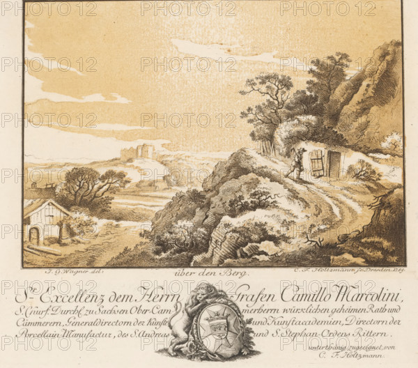 Landscape with traveler on a path, above the mountain, print, album page, Text in German in the lower margin. Print is part of an album., printmaker: Carl Friedrich Holtzmann, Dresden, after design by Johann Georg Wagner, dedicated to: Camillo Count Marcolini, 1789, Saxony, paper, etching, intaglio printmaking technique, etching with plate tone, printed in brown, height 135 mm x width 203 mm x height 27 mm x width 203 mm, 'en route', traveller under way, low hill country (landscape with figures, staffage), open door, A sepia-toned landscape print showing a rocky hillside with textured cliffs and scattered trees, a winding dirt path leading up the slope where a lone figure wearing a hat and carrying a staff walks past a small wooden door set into the hillside, distant rolling fields and a low building with a pitched roof visible near the base of the hill, a cluster of trees in the midground and a distant ruined tower on the horizon, a sky filled with soft, mottled cloud shapes, and a sc...