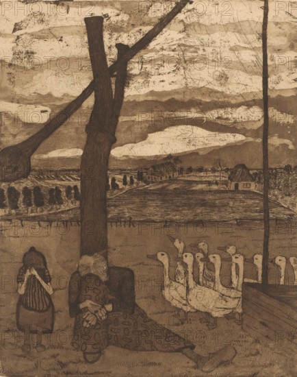 Old woman and girl mourning at a well, print, On the right a flock of geese., printmaker: Paula Modersohn-Becker, 1886 - 1907, paper, etching, drypoint, aquatint, intaglio printmaking technique, height 257 mm x width 210 mm, well, water-birds: goose, Pain, Sorrow, Sadness, 'Dolore', 'Dolore di Zeusi' (Ripa), A sepia-toned drawing showing a rural scene with a large tree trunk and branch in the foreground, a row of geese standing near a wooden trough, and two figures sitting on the ground with one facing away and the other leaning forward. Behind them a fenced field stretches toward distant buildings including thatched houses and a line of trees, with layered clouds and textured sky overhead. The ground shows grass and furrows, and various scratches and marks cover the image surface.